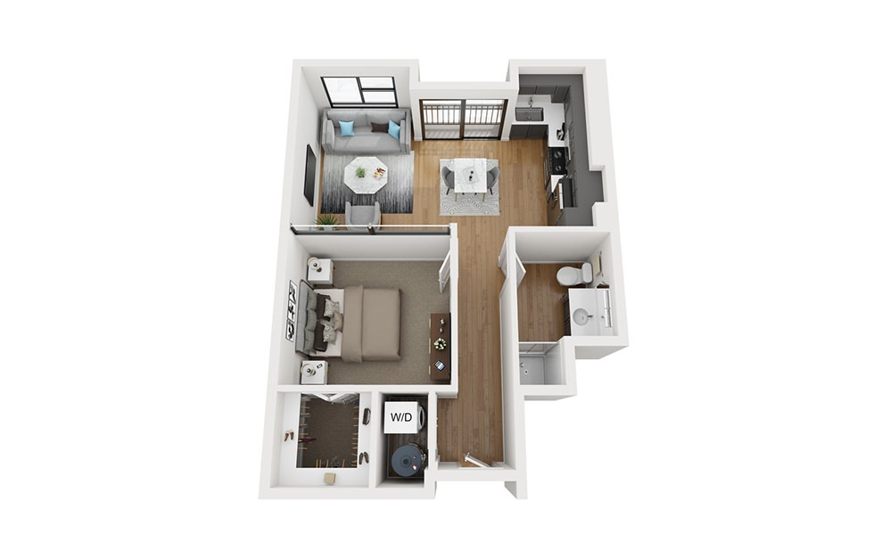 A1 - 1 bedroom floorplan layout with 1 bathroom and 674 square feet (3D)