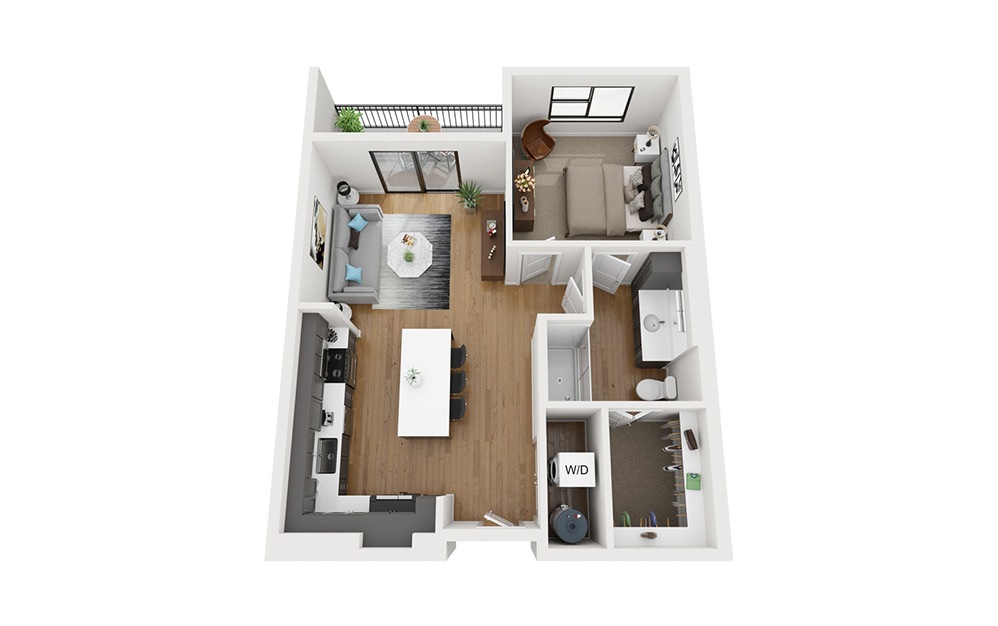 A2 - 1 bedroom floorplan layout with 1 bathroom and 743 square feet (3D)