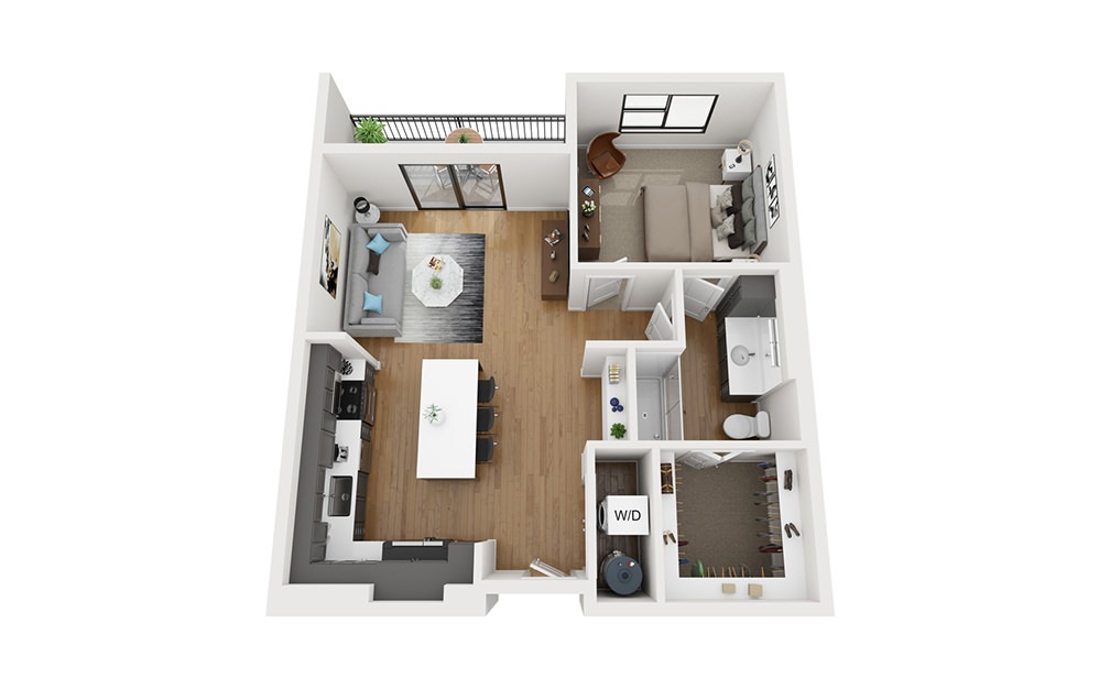 A3 - 1 bedroom floorplan layout with 1 bathroom and 829 square feet (3D)