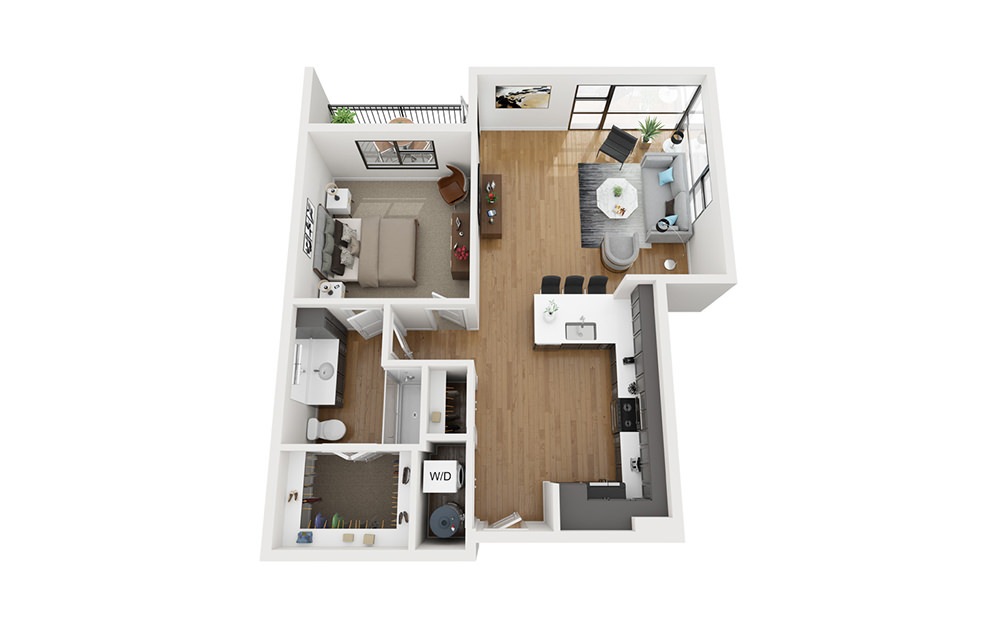 A5 - 1 bedroom floorplan layout with 1 bathroom and 968 square feet (3D)