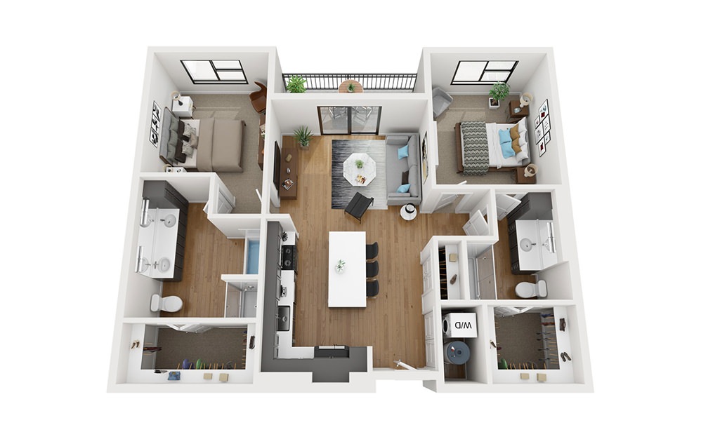 B1 - 2 bedroom floorplan layout with 2 bathrooms and 1173 square feet (3D)