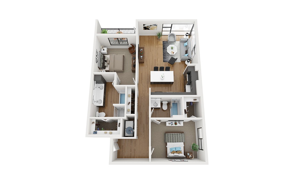 B2 - 2 bedroom floorplan layout with 2 bathrooms and 1231 square feet (3D)