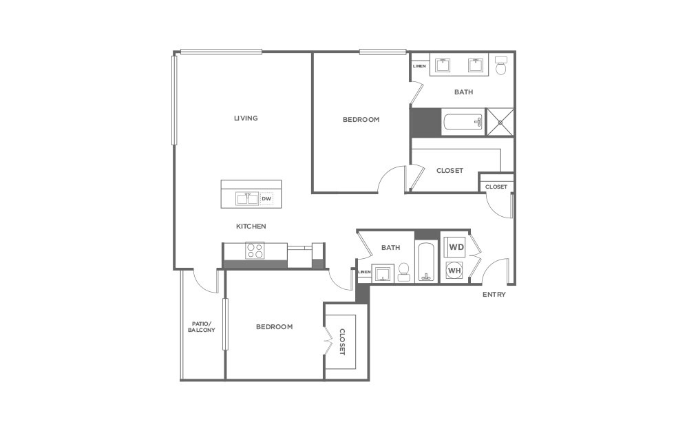 B3 - 2 bedroom floorplan layout with 2 baths and 1281 square feet. (2D)