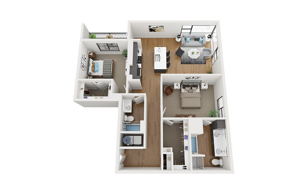 B3 - 2 bedroom floorplan layout with 2 baths and 1281 square feet. (3D)