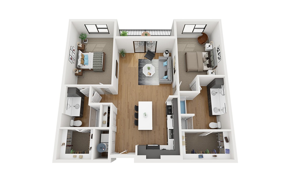 B4-HC - 2 bedroom floorplan layout with 2 bathrooms and 1322 square feet (3D)