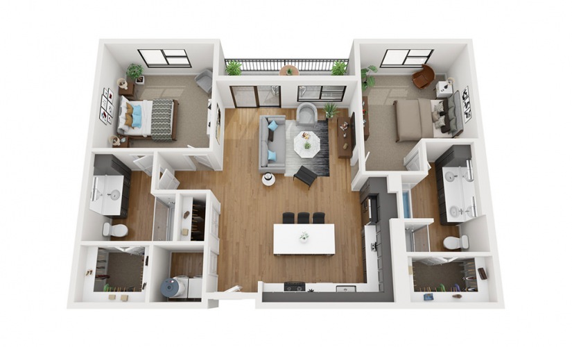B5 - 2 bedroom floor plan layout with 2 bathrooms and 1367 square feet