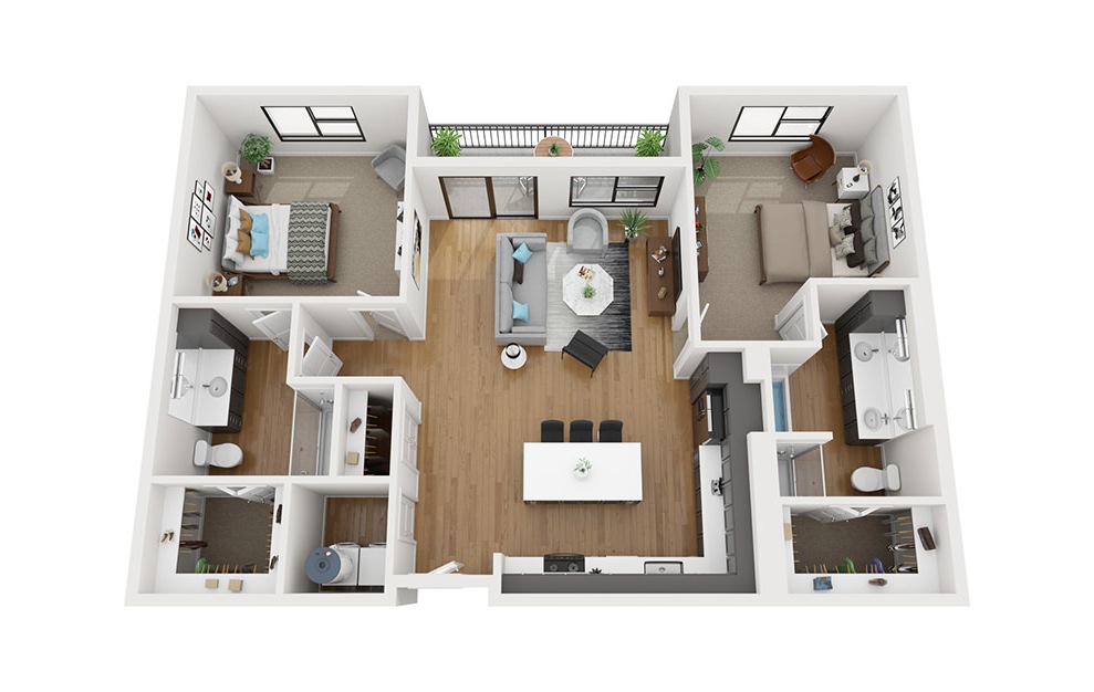 B5 - 2 bedroom floorplan layout with 2 baths and 1367 square feet. (3D)