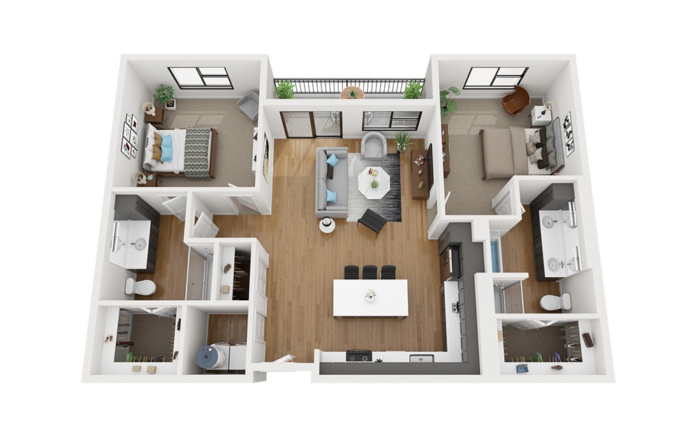 B5 - 2 bedroom floorplan layout with 2 bathrooms and 1367 square feet (3D)