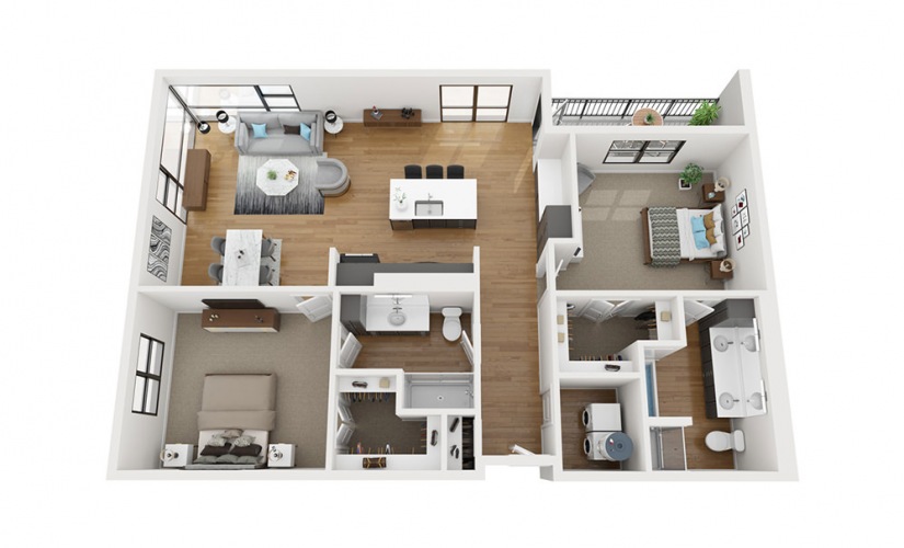B6 - 2 bedroom floor plan layout with 2 bathrooms and 1450 square feet