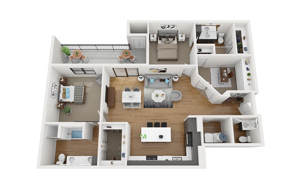 B7 - 2 bedroom floorplan layout with 2.5 bathrooms and 1513 square feet (3D)