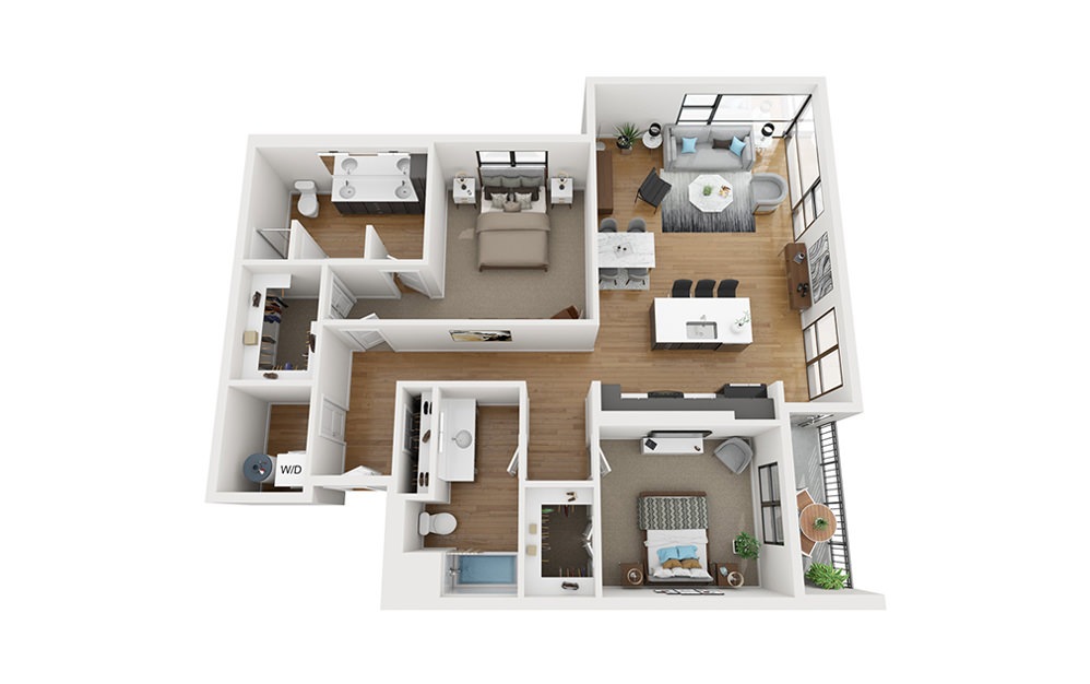 B6 - 2 bedroom floorplan layout with 2 bathrooms and 1450 square feet (3D)