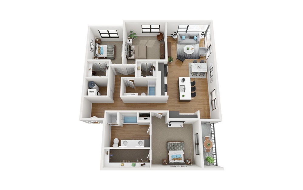 C1 - 3 bedroom floorplan layout with 2 bathrooms and 1586 square feet (3D)