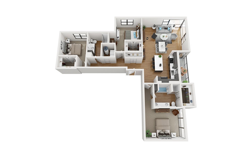 C2 - 3 bedroom floorplan layout with 2 bathrooms and 1735 square feet (3D)