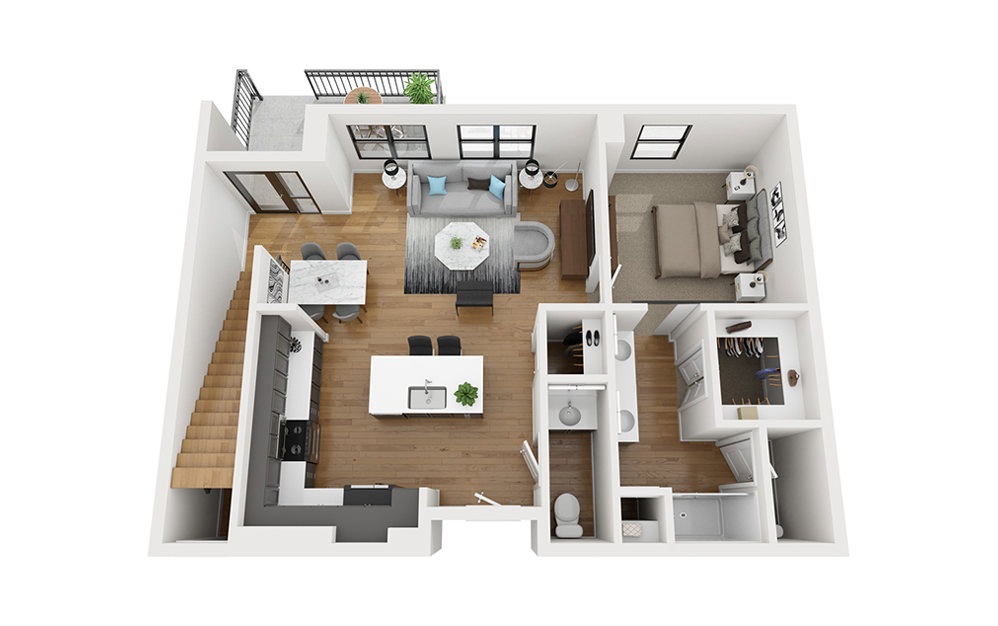 TH - 2 bedroom floorplan layout with 2.5 bathrooms and 1577 square feet (First Level
, 3D)