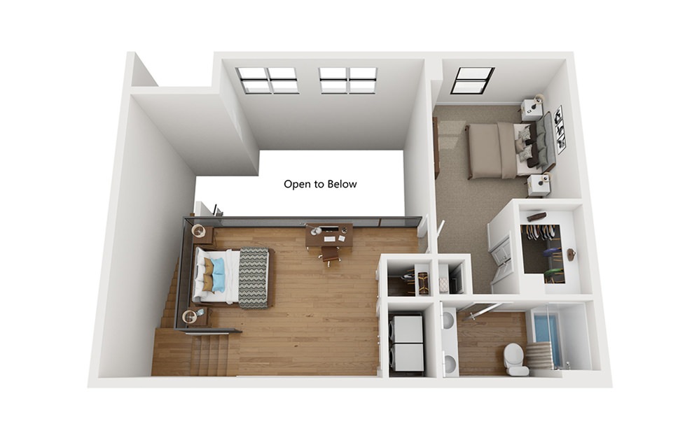 TH - 2 bedroom floorplan layout with 2.5 bathrooms and 1577 square feet (Second Level, 3D)