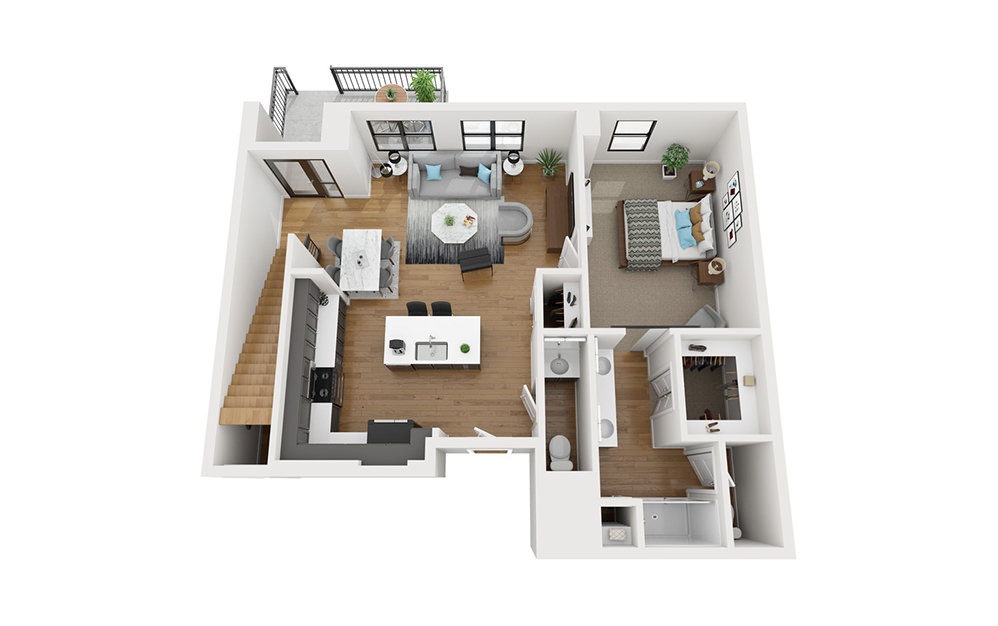 TH2 - 2 bedroom floorplan layout with 2.5 bathrooms and 1715 square feet (First Level
, 3D)