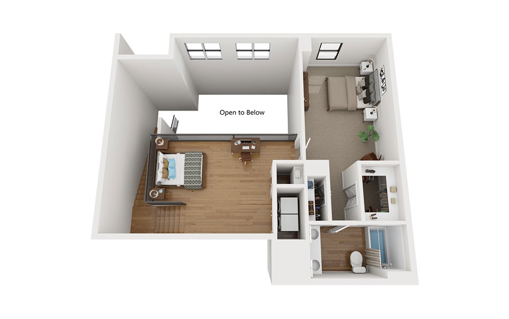 TH2 - 2 bedroom floorplan layout with 2.5 bathrooms and 1715 square feet (Second Level, 3D)