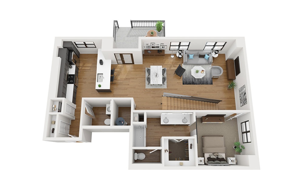 TH3 - 3 bedroom floorplan layout with 3.5 bathrooms and 2080 square feet (First Level
, 3D)