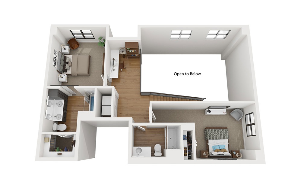 TH3 - 3 bedroom floorplan layout with 3.5 bathrooms and 2080 square feet (Second Level, 3D)